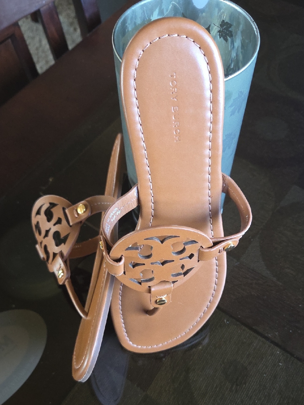 9 Never worn Tory Burch Tan Leather Cutout Medallion Sandals with Gold Accents
